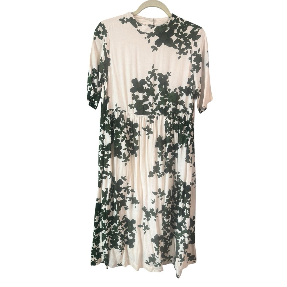 ICHI Ivory Green Floral Lined Cottagecore Midi Dress Size 34 / XS